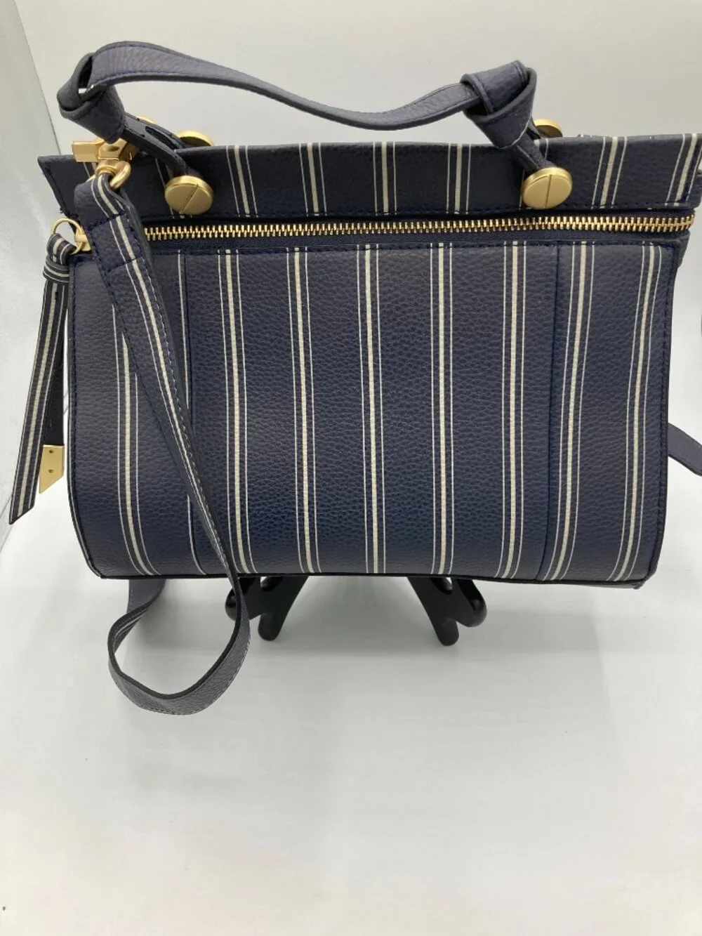Foley + Corinna Navy and White Stripe Leather Shoulder Bag